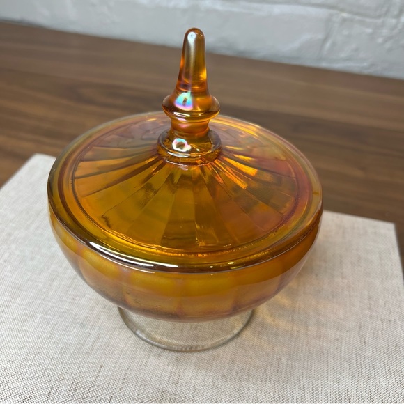 Vintage MCM Marigold Iridescent Carnival Glass Lidded Footed Candy Dish With Lid - Picture 6 of 10
